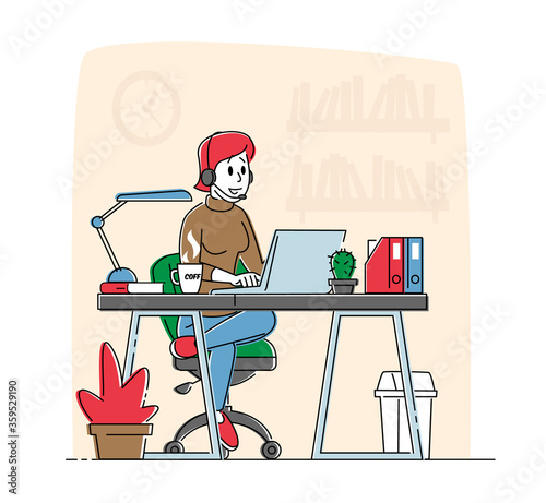 Woman Freelancer Wearing Headset Sitting in Comfortable Armchair Working Distant on Laptop. Female Character Creative Employee Work at Home. Remote Freelance Work Concept. Linear Vector Illustration