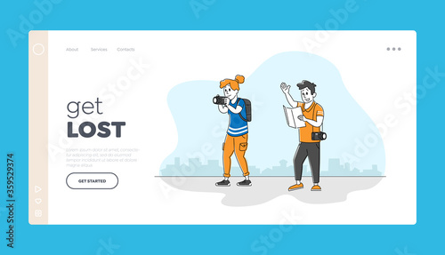 Hike Outdoors Activity Landing Page Template. Tourists Learning Map Decide what Way to Choose. Travelers Hiking Adventure Vacation Trip. Characters Walking Route. Linear People Vector Illustration