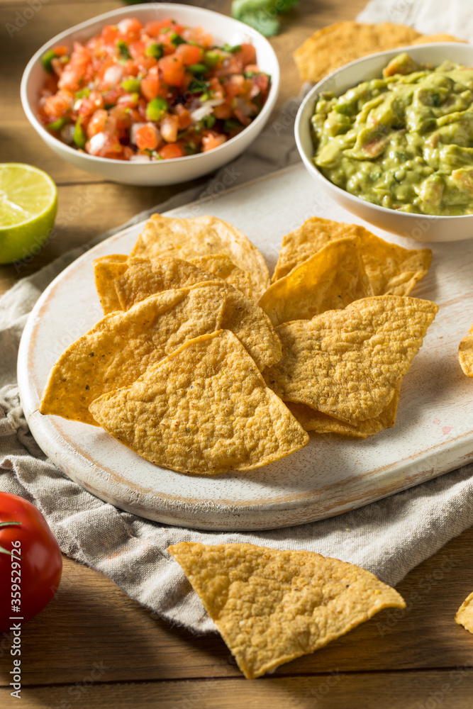 Homemade Tortillas Chips with Salsa and Guacamole Homemade Tortillas Chips with Salsa and Guacamole