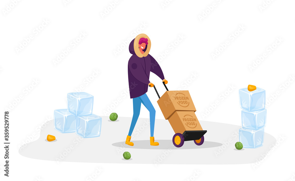 Young Smiling Man in Winter Clothing Pushing Manual Trolley with Frozen Food Boxes in Supermarket. Customer Character Purchase Refrigerated Products Meat, Veggies in Store. Cartoon Vector Illustration Young Smiling Man in Winter Clothing Pushing Manual Trolley with Frozen Food Boxes in Supermarket. Customer Character Purchase Refrigerated Products Meat, Veggies in Store. Cartoon Vector Illustration