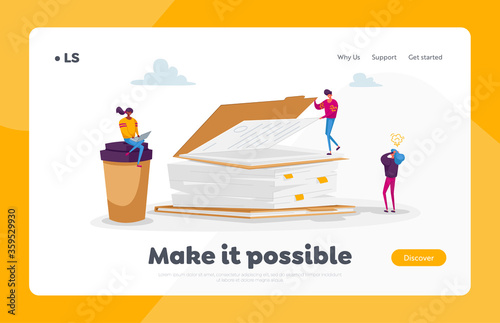 Paper Documents Landing Page Template. Busy Office People Characters Employees Paperwork Deadline, Stress. Businesspeople Looking on Huge Pile of Documentation and Folders. Cartoon Vector Illustration