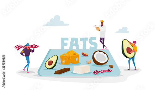 Keto Diet Concept. Characters Carry Products with Low Carb and High Fat Level, Healthy Ketogenic State for Fasting and Healing. Doctor Writing Notes for Dieting. Cartoon People Vector Illustration