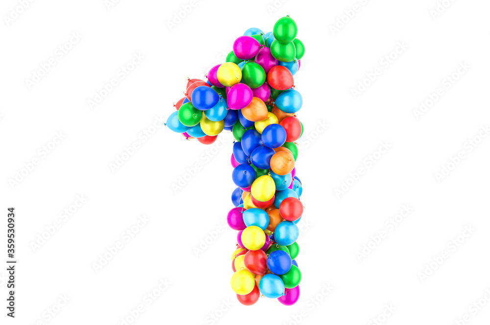 Number 1 from colored balloons, 3D rendering Number 1 from colored balloons, 3D rendering