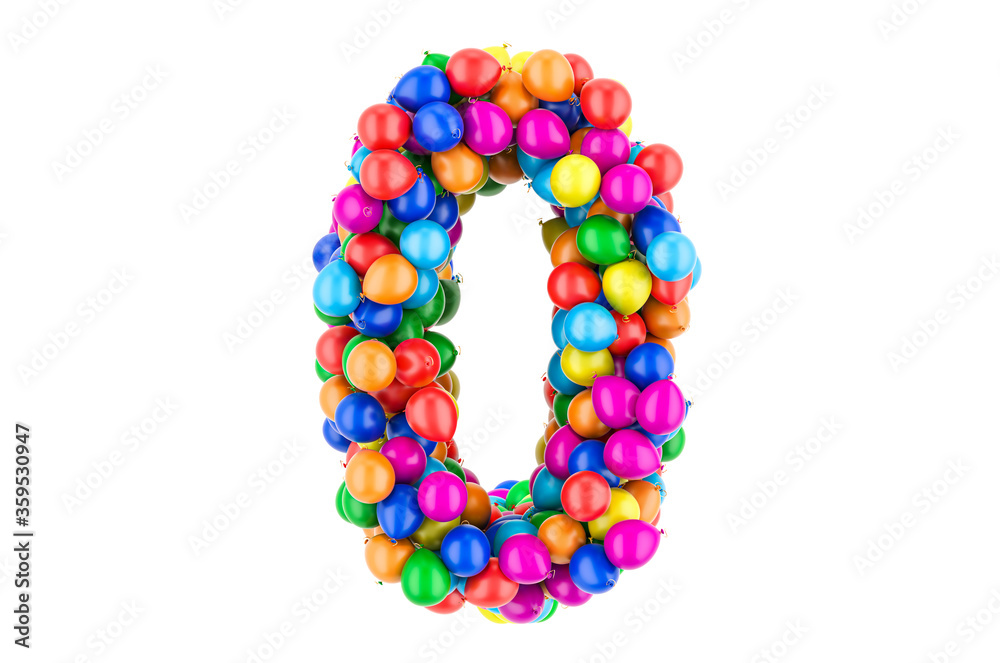 Number 0 from colored balloons, 3D rendering