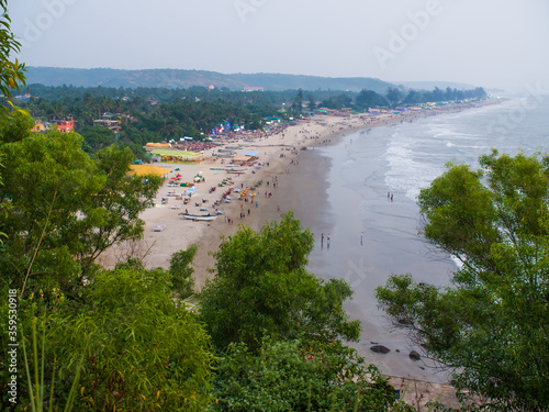 Aerial view of the tourist beach of Arambol in the state of Goa. India.