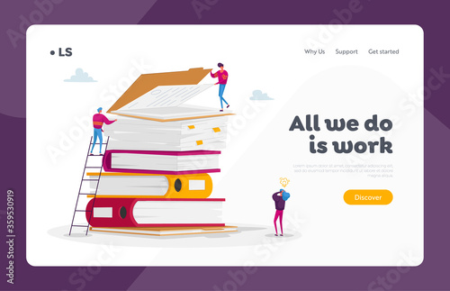 Paper Bureaucracy Landing Page Template. Office Employee Characters Overload at Work with Docs. Man Stand on Huge Documents Steak. Woman Manager with Steaming Head. Cartoon People Vector Illustration