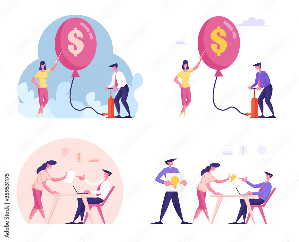 Fototapeta premium Set Male and Female Business People Inflate Huge Balloons with Dollar Sign and Pin with Needle, Inflation. Businesswoman Character Share Creative Ideas with Boss in Office. Cartoon Vector Illustration