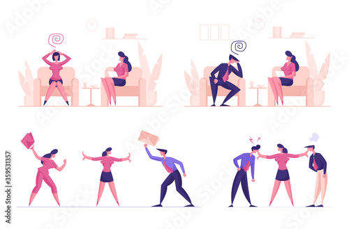 Set of Male and Female Characters Visiting Psychologist for Solving Mental Problems. Business People Arguing and Fighting in Office, Colleagues Battle, Confrontation. Cartoon Vector Illustration