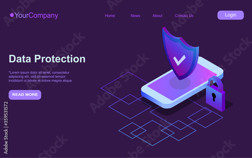 Mobile security modern concept. Smart app protects smart phone from thefts and hacker attacks. Internet of things technology of automatic protection. Vector illustration. PS