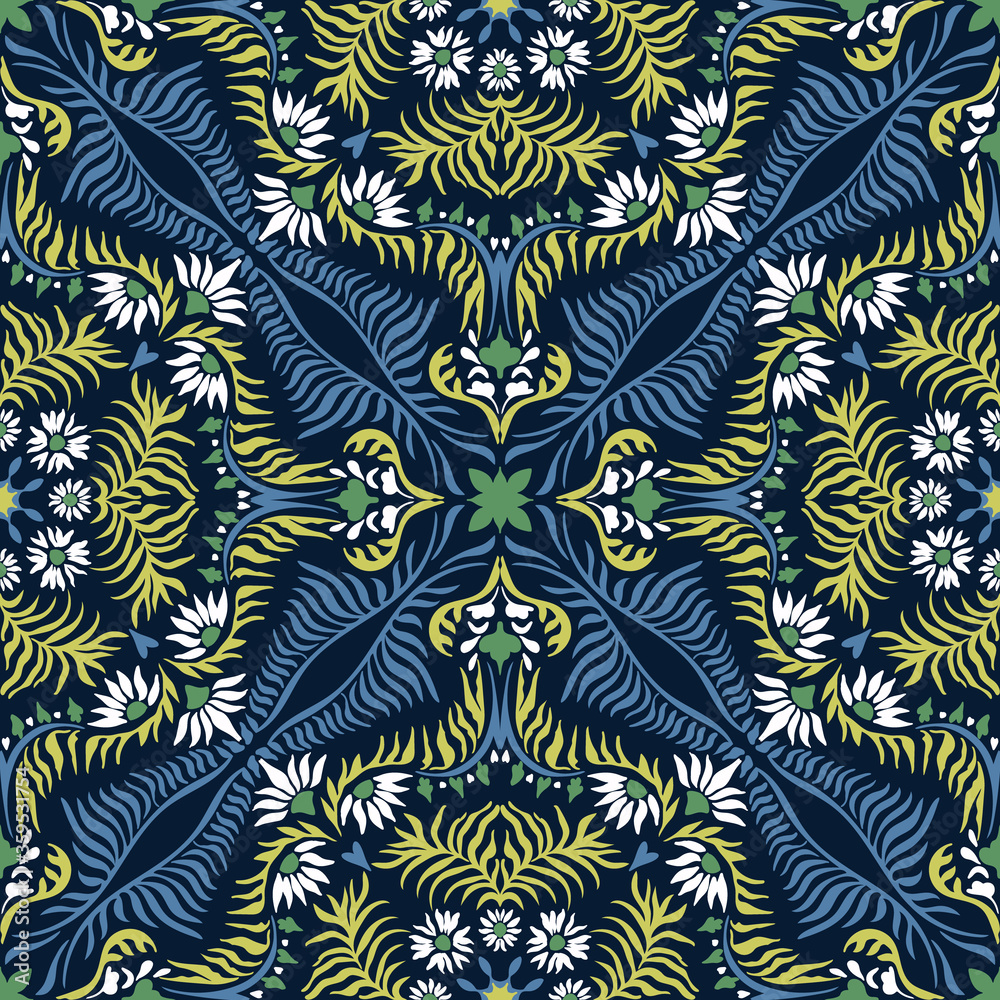Bandana print. Women's shawl with floral pattern. Mediterranean wallpaper. Portuguese tile azulejo. Turkish ornament. Spanish porcelain. Ceramic dishes. 