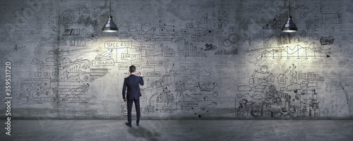Back view of a man drawing business sketch on a concrete wall