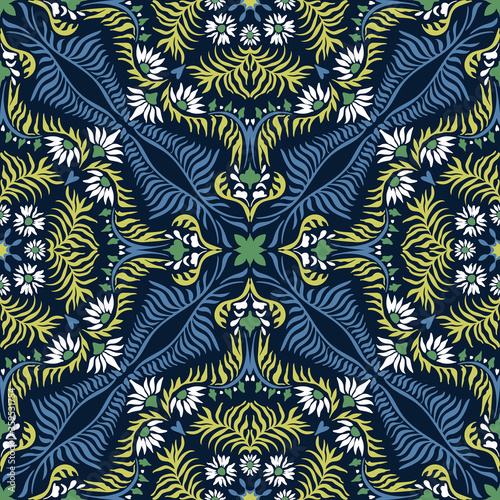 Fototapeta Naklejka Na Ścianę i Meble -  Bandana print. Women's shawl with floral pattern. Mediterranean wallpaper. Portuguese tile azulejo. Turkish ornament. Spanish porcelain. Ceramic dishes. 