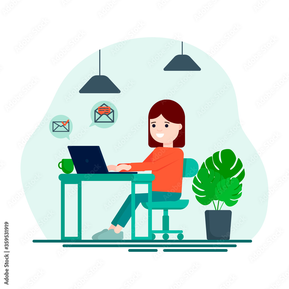 Flat vector illustration: woman works at a laptop. Freelancer. Work from home during quarantine. Flat vector illustration: woman works at a laptop. Freelancer. Work from home during quarantine.