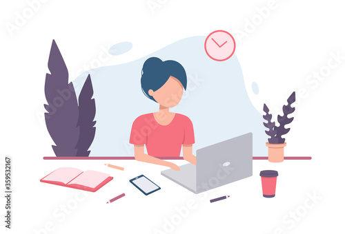 Girl sitting with laptop at the table. Freelance, online concept, isolated