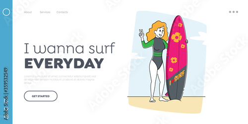 Summertime Vacation Landing Page Template. Girl Character Stand with Surf Board on Sandy Beach Show Victory Gesture on Summer Resort. Traveling Woman Exotic Holidays. Linear Vector Illustration
