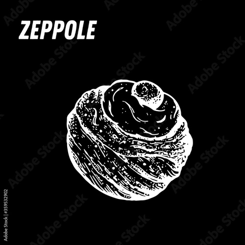 Zeppole sketch. Italian dessert vector illustration. Italian sweet hand drawn sketch. Vintage design template.