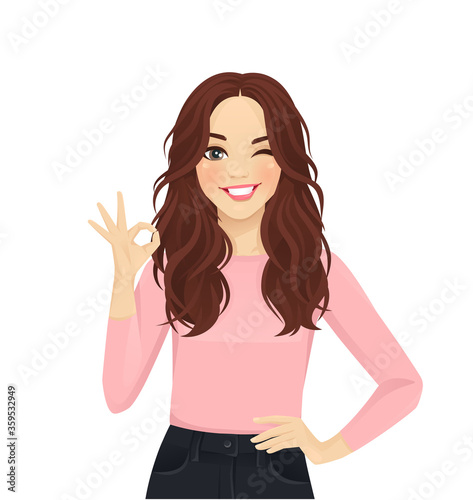 Young cheerful woman with long hair in casual style clothes gesturing ok sign isolated vector illustration
