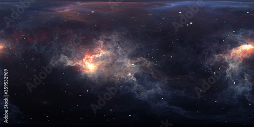 Fototapeta Naklejka Na Ścianę i Meble -  360 degree interstellar cloud of dust and gas. Space background with nebula and stars. Glowing nebula. Panorama, environment 360° HDRI map. Equirectangular projection, spherical panorama