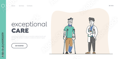 Rehabilitation Disabled Physiotherapy Landing Page Template. Injured Man Character with Physical Injures Speak to Doctor. Correction of Lost Physical Body Abilities. Linear People Vector Illustration