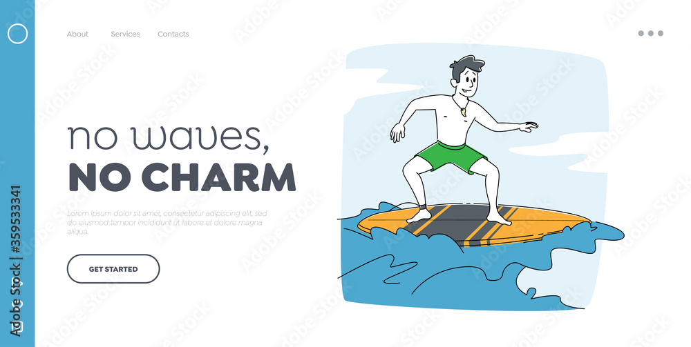 Surfing Recreation in Ocean. Landing Page Template. Man Surfer Character in Swim Wear Riding Big Sea Wave on Board. Summertime Activity, Healthy Lifestyle, Vacation Leisure. Linear Vector Illustration
