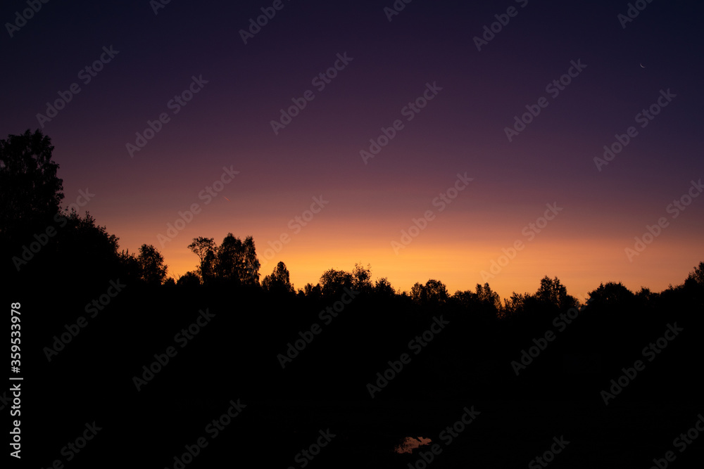 Multi-colored sunrise. Soft light of sunrise on a silhouette forest background.