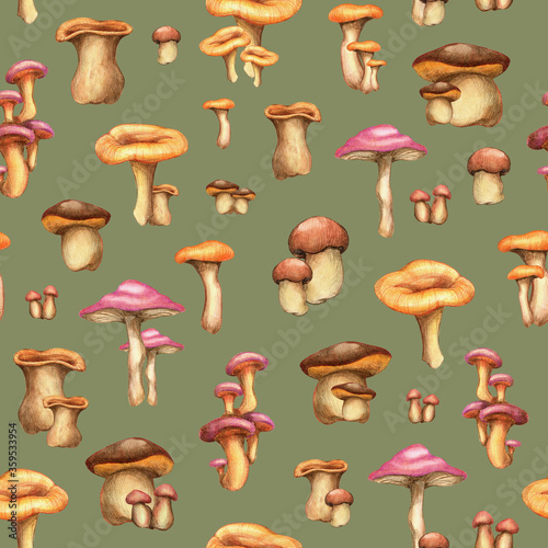 Seamless pattern with watercolor mushrooms. Forest mushrooms pattern. Wood endless background. Mushrooms watercolor pattern. 