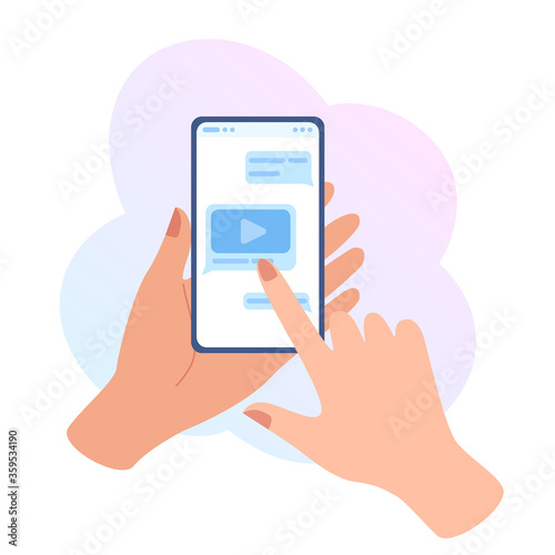 Female hand holding cell phone and chatting. Email, contacts, text message, network, navigation icons. Communication concept in blue colors on white background. Flat design vector