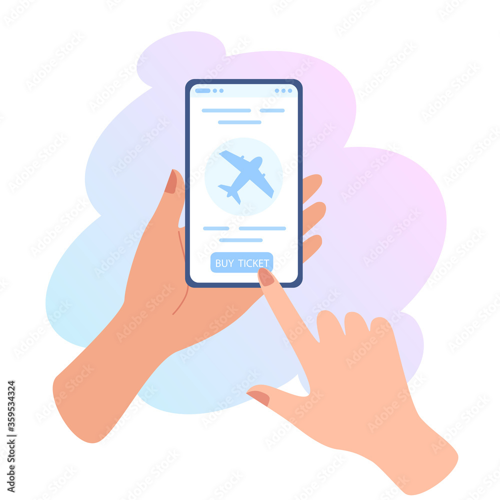 Hand holding phone with flight tickets online booking. Buy a ticket online. Booking a flight for travel. Buying a ticket using your smartphone. Online registration. Vector flat illustration.