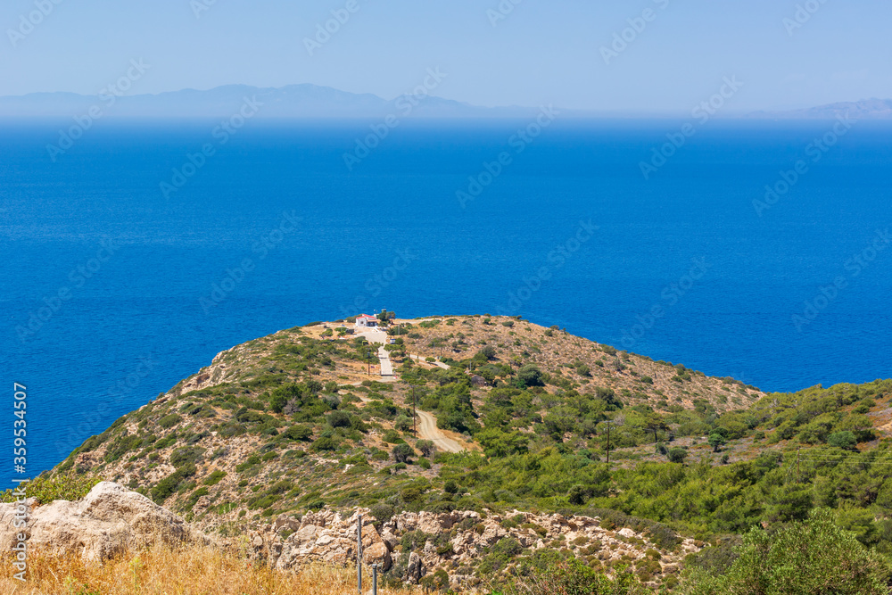 Scenic view from the castle of Kritinia (Kastello) on Rhodes island. Greece