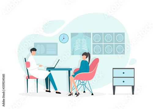 Medical Consultation. Vector Illustration Of Doctor And Patient In Hospital Medical Office