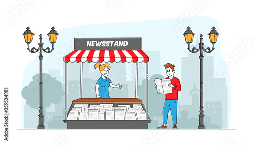 Characters Reading and Selling Newspapers. Man Stand at Kiosk Read News while Walking on City Street. Person Buying Magazine at Booth Outdoors. Press Media Business. Linear People Vector Illustration