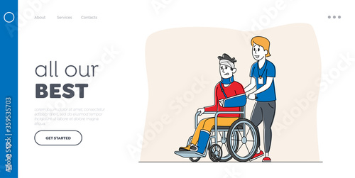 Disability Landing Page Template. Disabled Male Character with Broken Hand and Leg Riding Wheelchair with Nurse Assistance. Man Patient in Traumatology Hospital. Linear People Vector Illustration