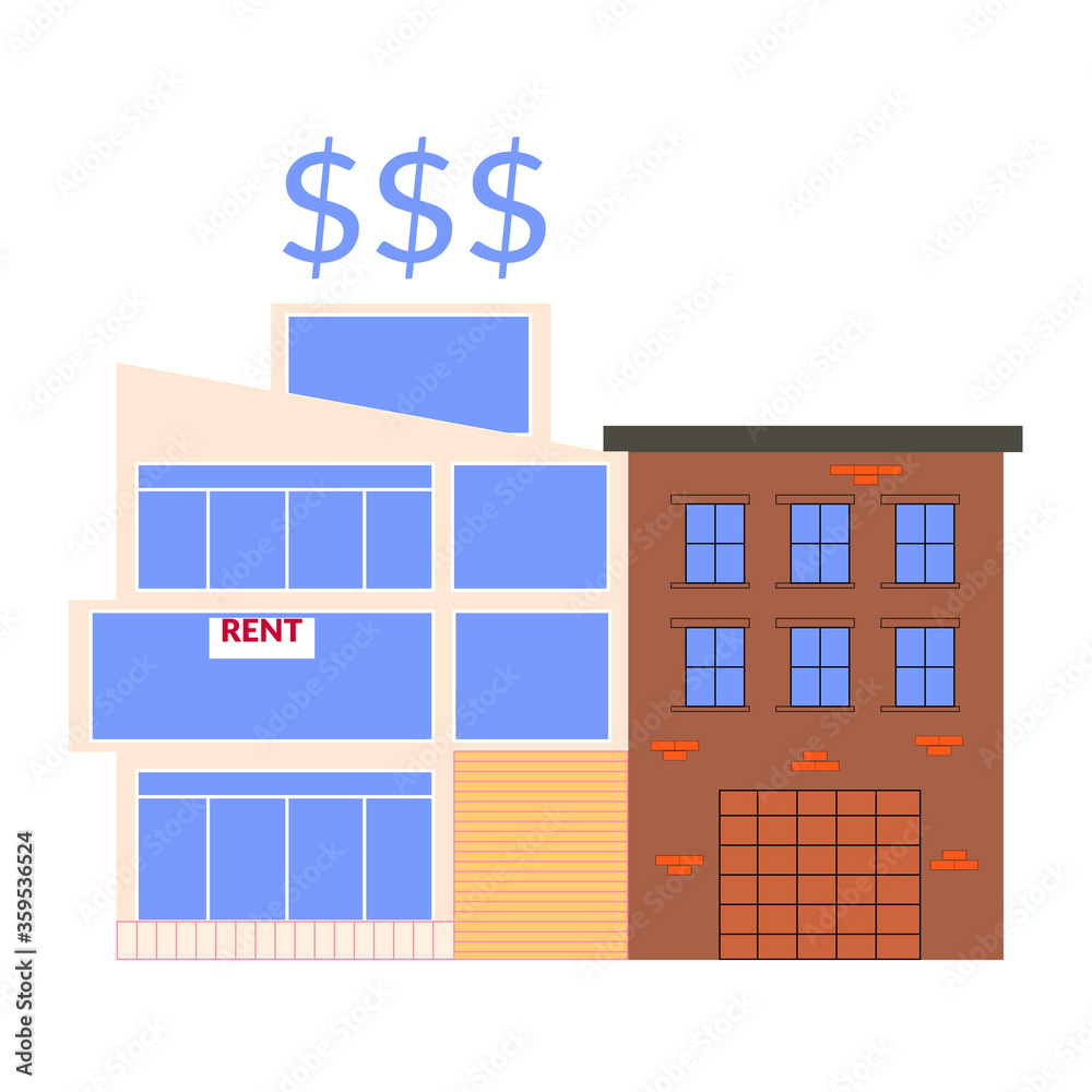 Neighborhood gentrification. Contrast between new modern buildings and old house. Before and after renovation. Flat vector illustration isolated on white background Neighborhood gentrification. Contrast between new modern buildings and old house. Before and after renovation. Flat vector illustration isolated on white background