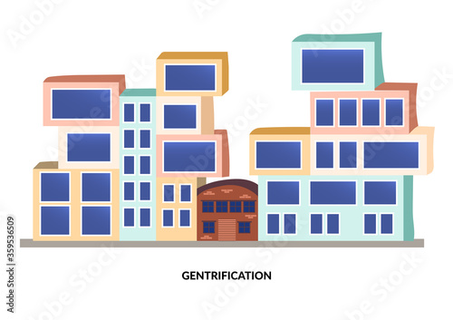 Neighborhood gentrification. Contrast between new modern buildings and old house. Before and after renovation. Flat vector illustration