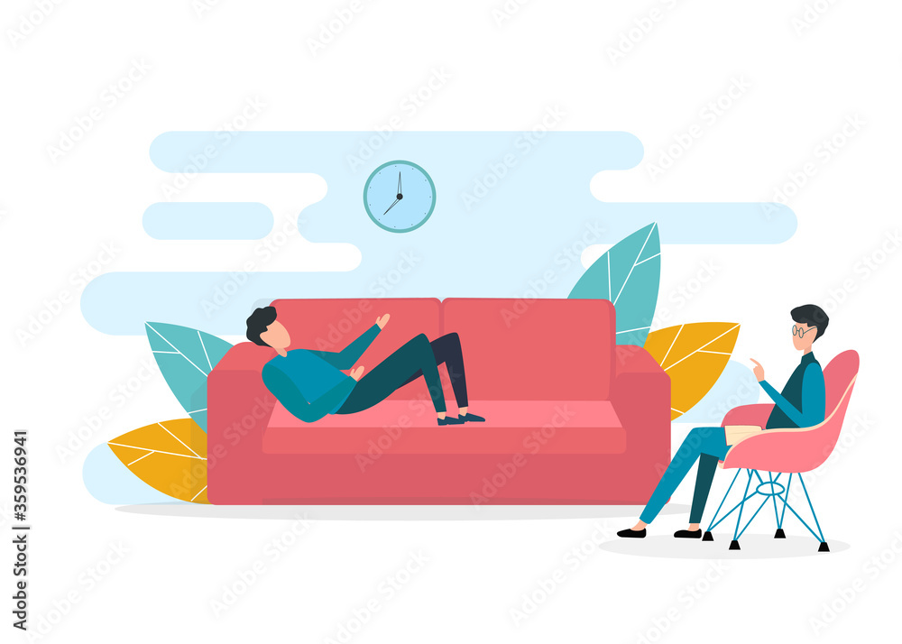 Fototapeta premium Man lying on sofa, telling about his mental problem on visit to psychologist. Vector illustration in flat style
