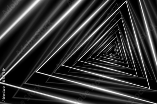 Triangular Tunnel. Bright Structure of the Corridor in Perspective. Abstract Black and White Pattern with Stripes. Vector. 3D Illustration
