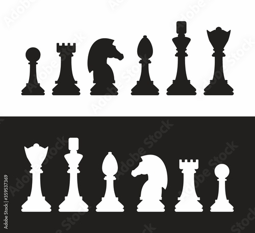 Silhouettes of chess pieces. Chessboard. Black and white. Chess icons. Vector chess isolated on white background. Playing chess on the Board. King, Queen, rook, knight, Bishop, pawn