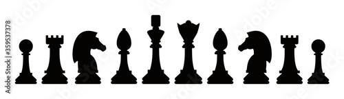 Silhouettes of chess pieces. Chessboard. Black and white. Chess icons. Vector chess isolated on white background. Playing chess on the Board. King, Queen, rook, knight, Bishop, pawn