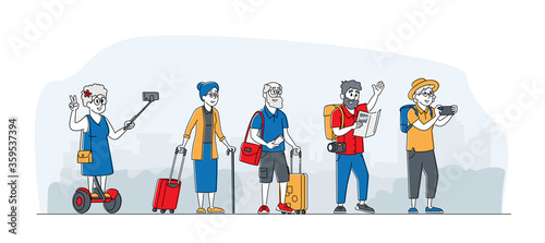 Elderly Characters Travel Group. Mature Tourists Stand on City Street in Foreign Country. Old People Traveling with Map, Photo Camera, Luggage Speaking, Making Selfie. Linear Vector Illustration