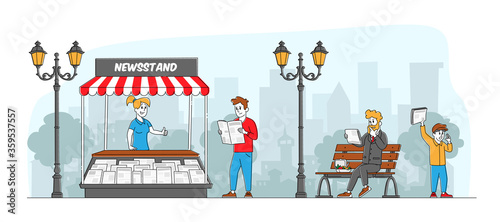 People Reading and Selling Newspapers. Male Character Stand at Kiosk Read News while Walking on Street. Businessman Read Magazine on Bench Outdoors. Press Media Business. Linear Vector Illustration
