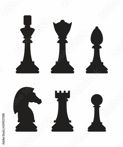 Silhouettes of chess pieces. Chessboard. Black and white. Chess icons. Vector chess isolated on white background. Playing chess on the Board. King, Queen, rook, knight, Bishop, pawn © Aleksandra