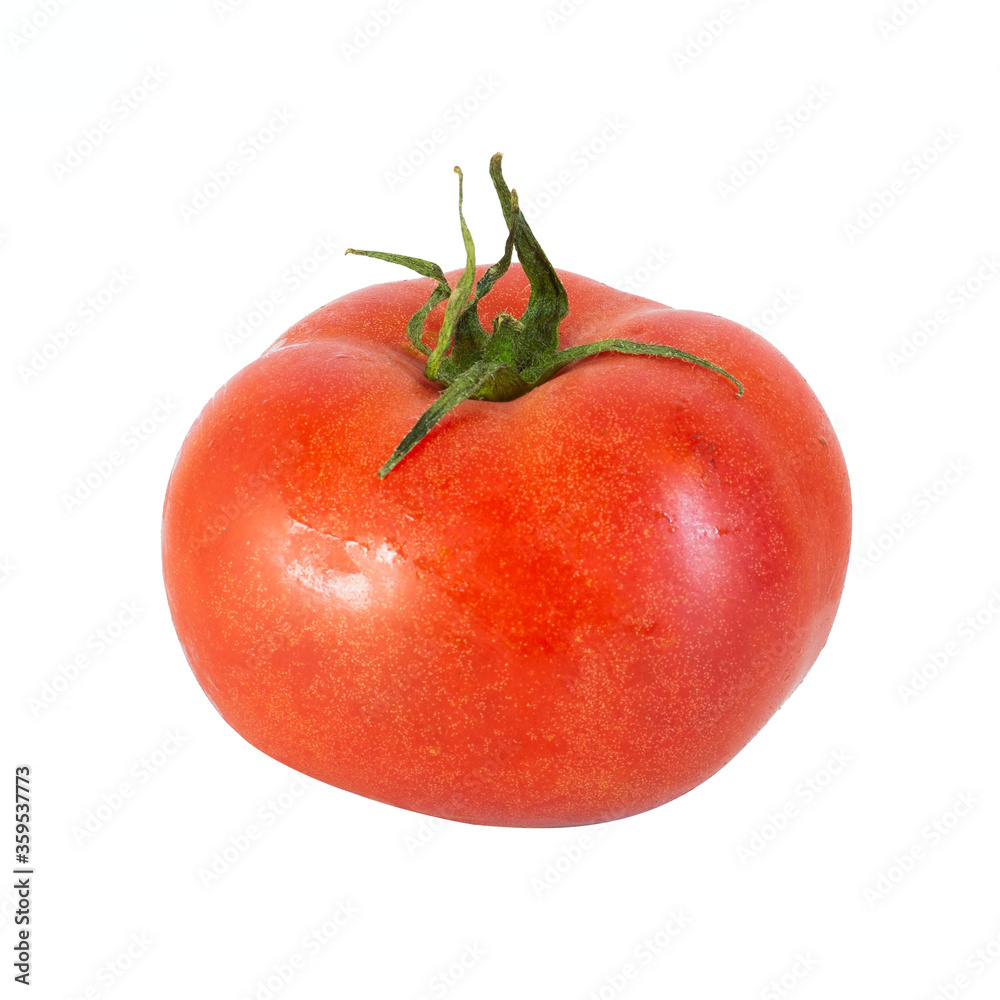 One ripe bright red tomato with green tail on white background One ripe bright red tomato with green tail on white background