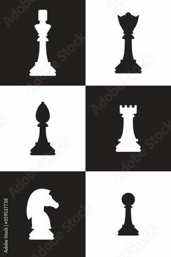 Silhouettes of chess pieces. Chessboard. Black and white. Chess icons. Vector chess isolated on white background. Playing chess on the Board. King, Queen, rook, knight, Bishop, pawn
