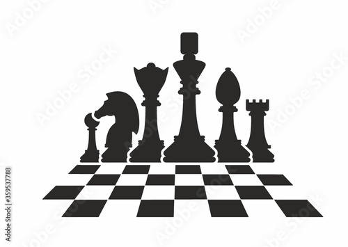 Silhouettes of chess pieces. Chessboard. Black and white. Chess icons. Vector chess isolated on white background. Playing chess on the Board. King, Queen, rook, knight, Bishop, pawn