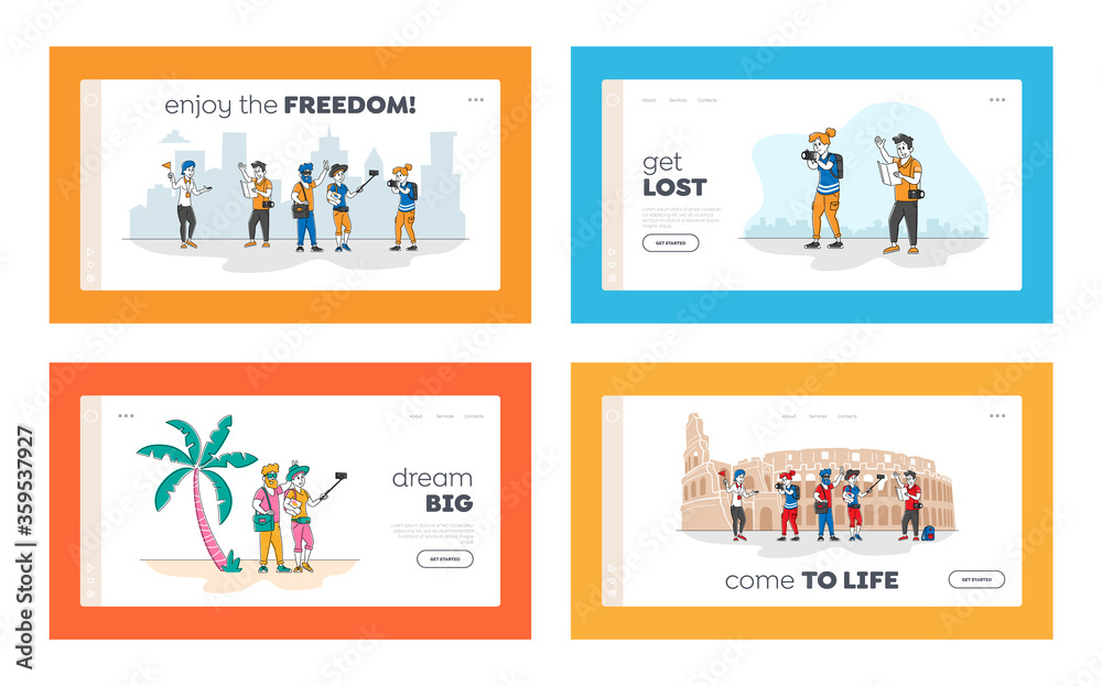 People Travel Landing Page Template Set. Group of Young Characters with Backpacks and Photo Cameras Traveling Abroad. Active Tourists Visit Coliseum Sightseeing with Guide. Linear Vector Illustration
