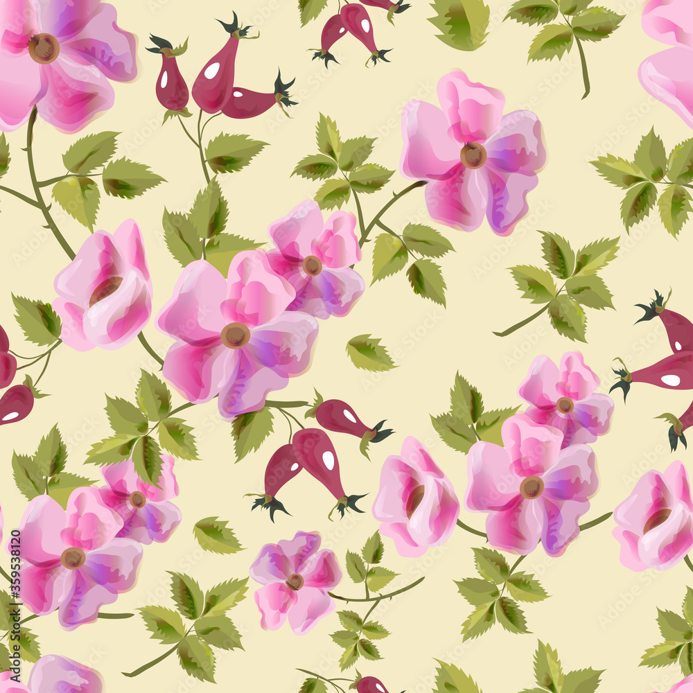 The pattern with the image of flowers and buds wild rose. Imitation of watercolor. Vector graphics. Stock illustration.