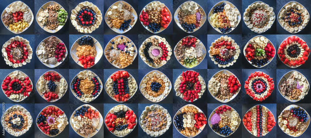 Collage with many bowls of tasty cereals and fruits for breakfast, blue gradient background
