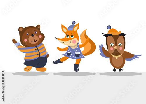 Funny animals. Bear  fox  owl. Vector graphics. Stock illustration.