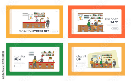 Bar Recreation Landing Page Template Set. People Visiting Pub Sit at High Chairs Drink Alcohol on Counter Desk, Businessman Character Work on Laptop, Barman Making Cocktail. Linear Vector Illustration