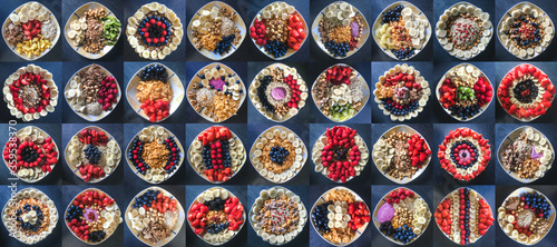 Collage with many bowls of tasty cereals and fruits for breakfast  blue gradient background